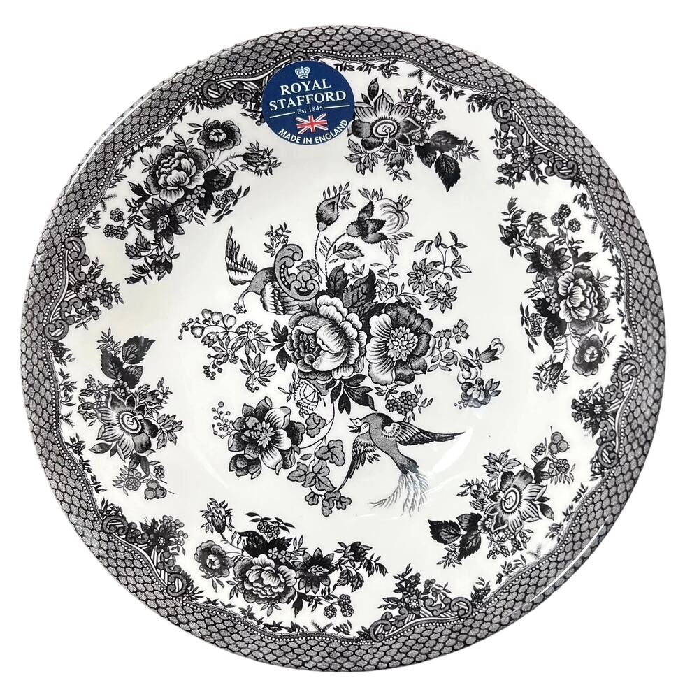 ROYAL STAFFORD Asiatic Pheasant Pasta Bowls 8.75" Black & White Set of 4 NEW